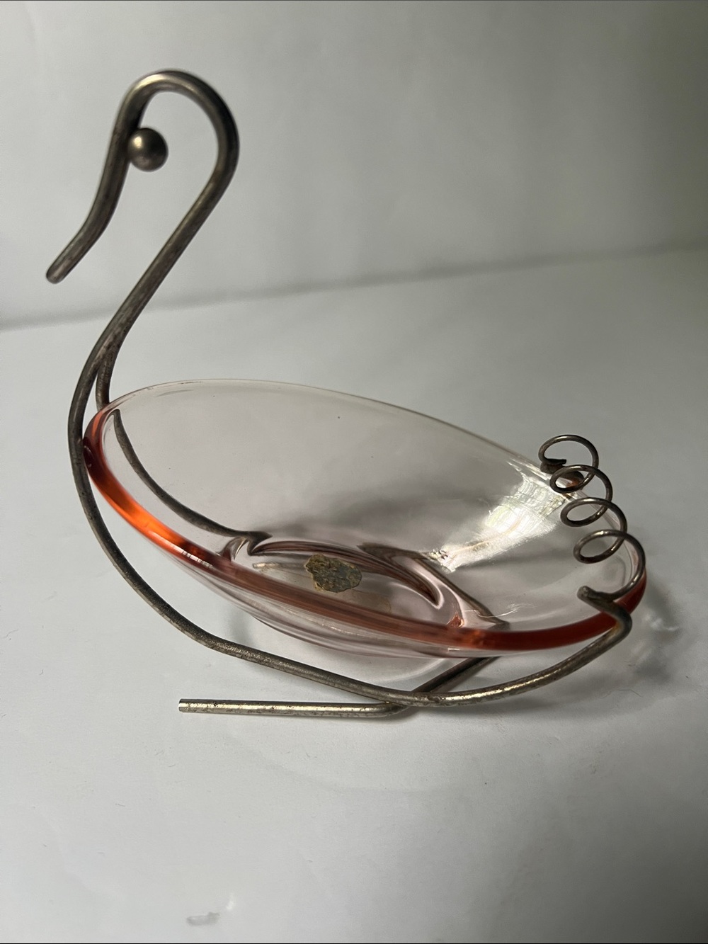 Vintage Pink Glass Swan Jewelry Dish with Silver-Tone Stand
